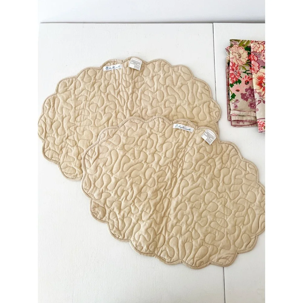 April Cornell Placemats and Napkins Beige Pink Floral Scalloped Quilted Set